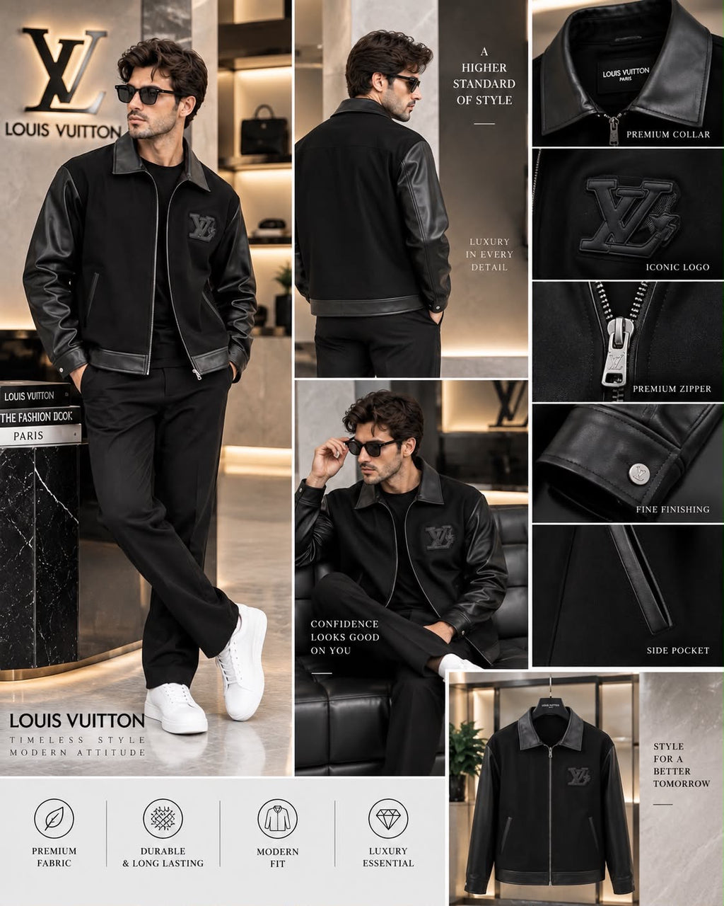 Louis Vuitton 100% Imported Front Heavy Patch Leather Fabric Very Premium Designer Jacket
