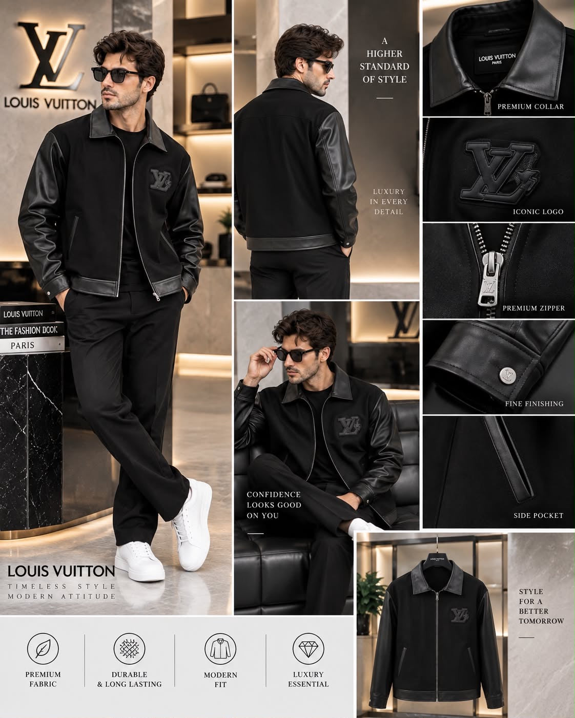Louis Vuitton 100% Imported Front Heavy Patch Leather Fabric Very Premium Designer Jacket