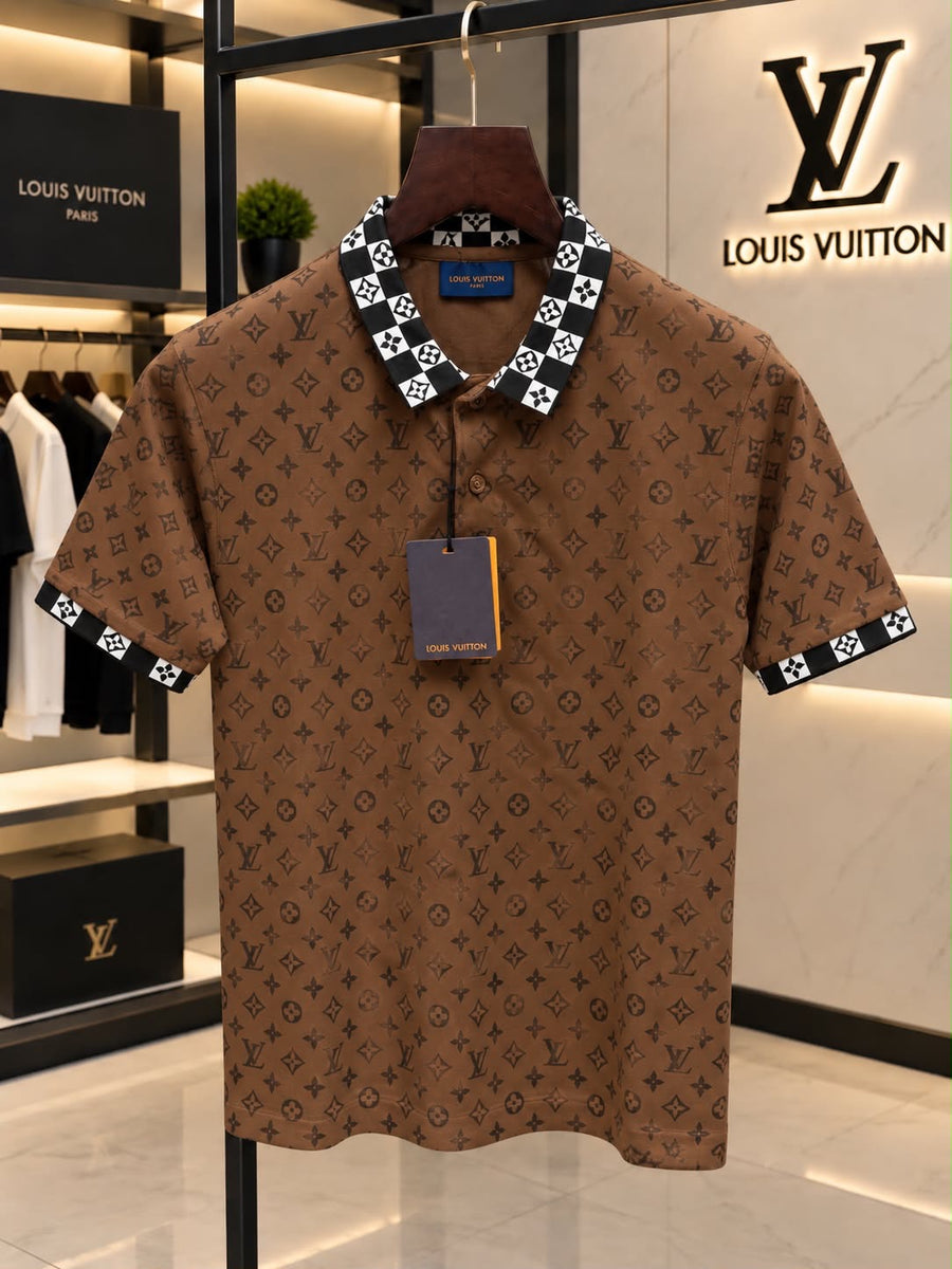 Louis Vuitton 100% Imported Cotton Lycra Fabric Very Premium Polo Neck Tshirt