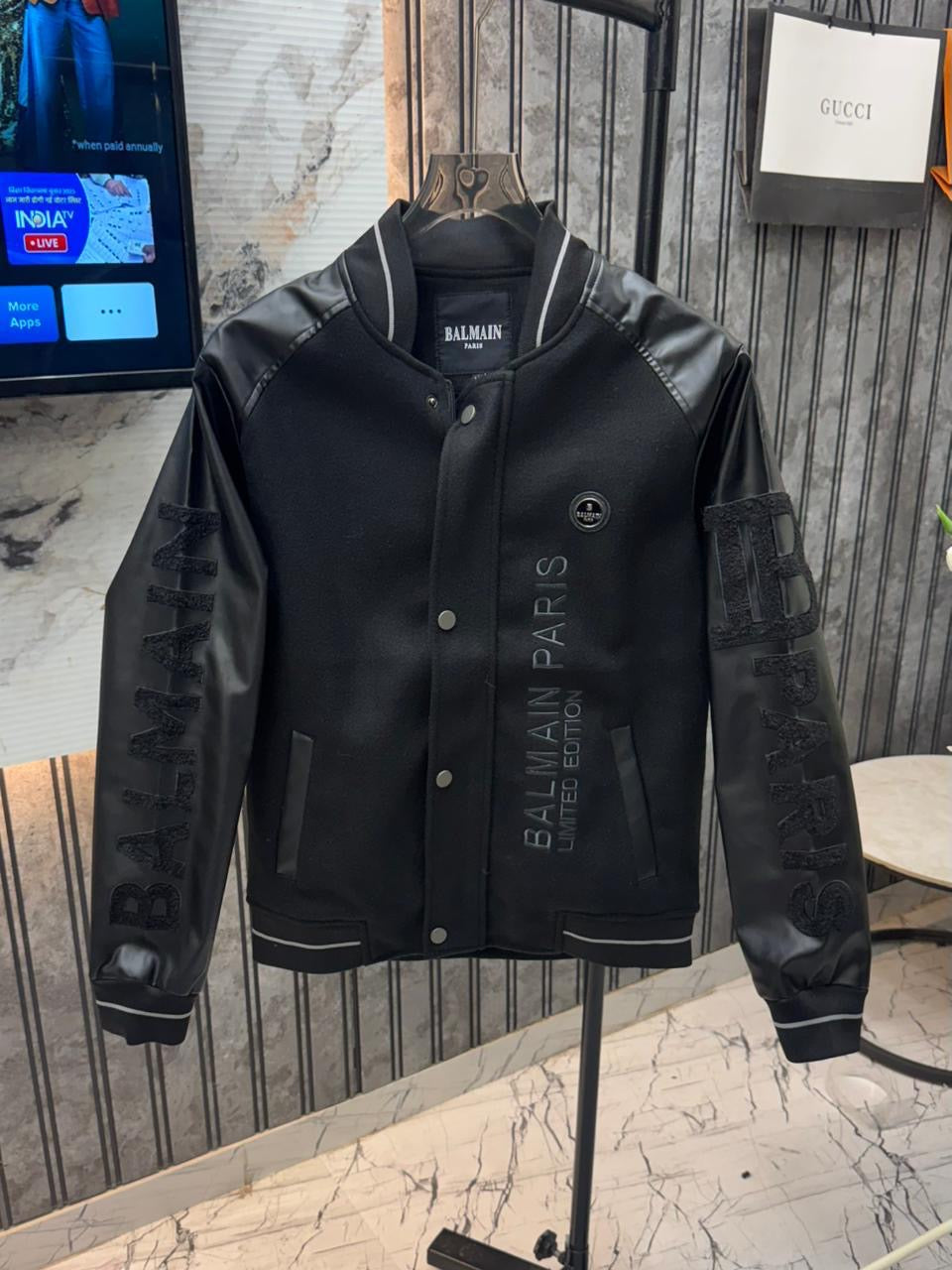 Balmain Imported suedo + Leather Fabric All Over Heavy Patch Very Premium Designer Celebrity Choice Varsity Jacket