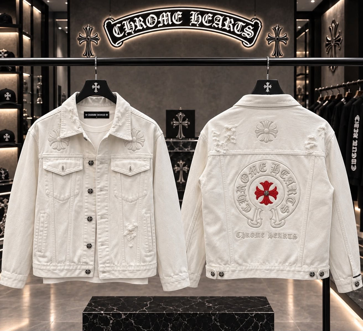 Chrome Hearts 100% Imported Heavy Denim Fabric front Back Heavy Leather Patch Very Premium Surplus Jacket