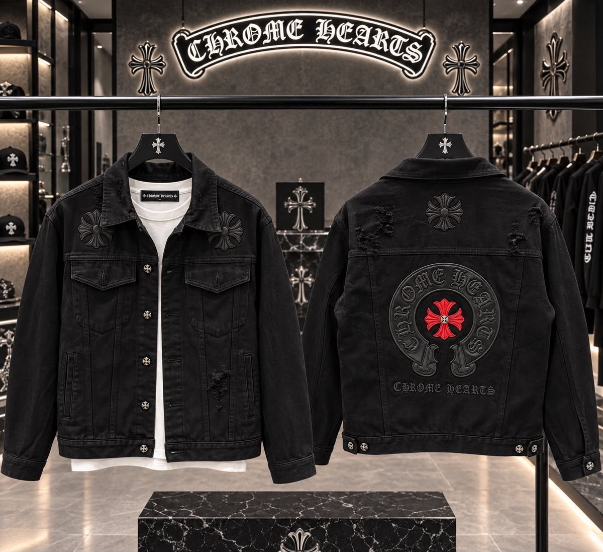 Chrome Hearts 100% Imported Heavy Denim Fabric front Back Heavy Leather Patch Very Premium Surplus Jacket