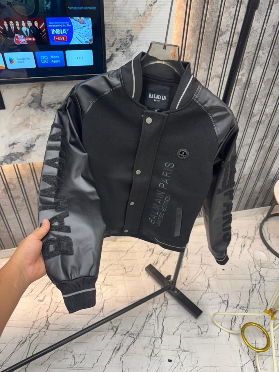 Balmain Imported suedo + Leather Fabric All Over Heavy Patch Very Premium Designer Celebrity Choice Varsity Jacket