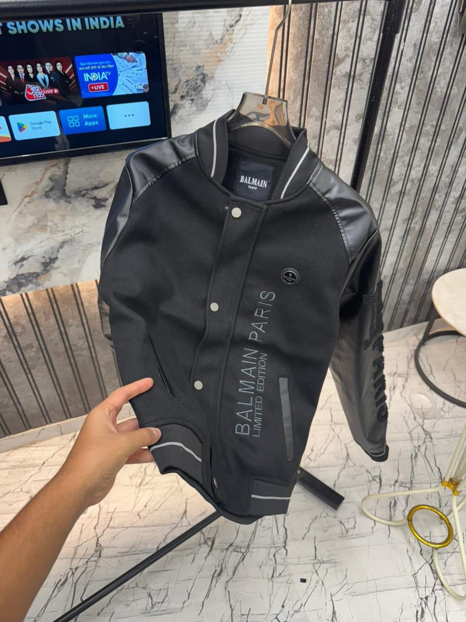 Balmain Imported suedo + Leather Fabric All Over Heavy Patch Very Premium Designer Celebrity Choice Varsity Jacket