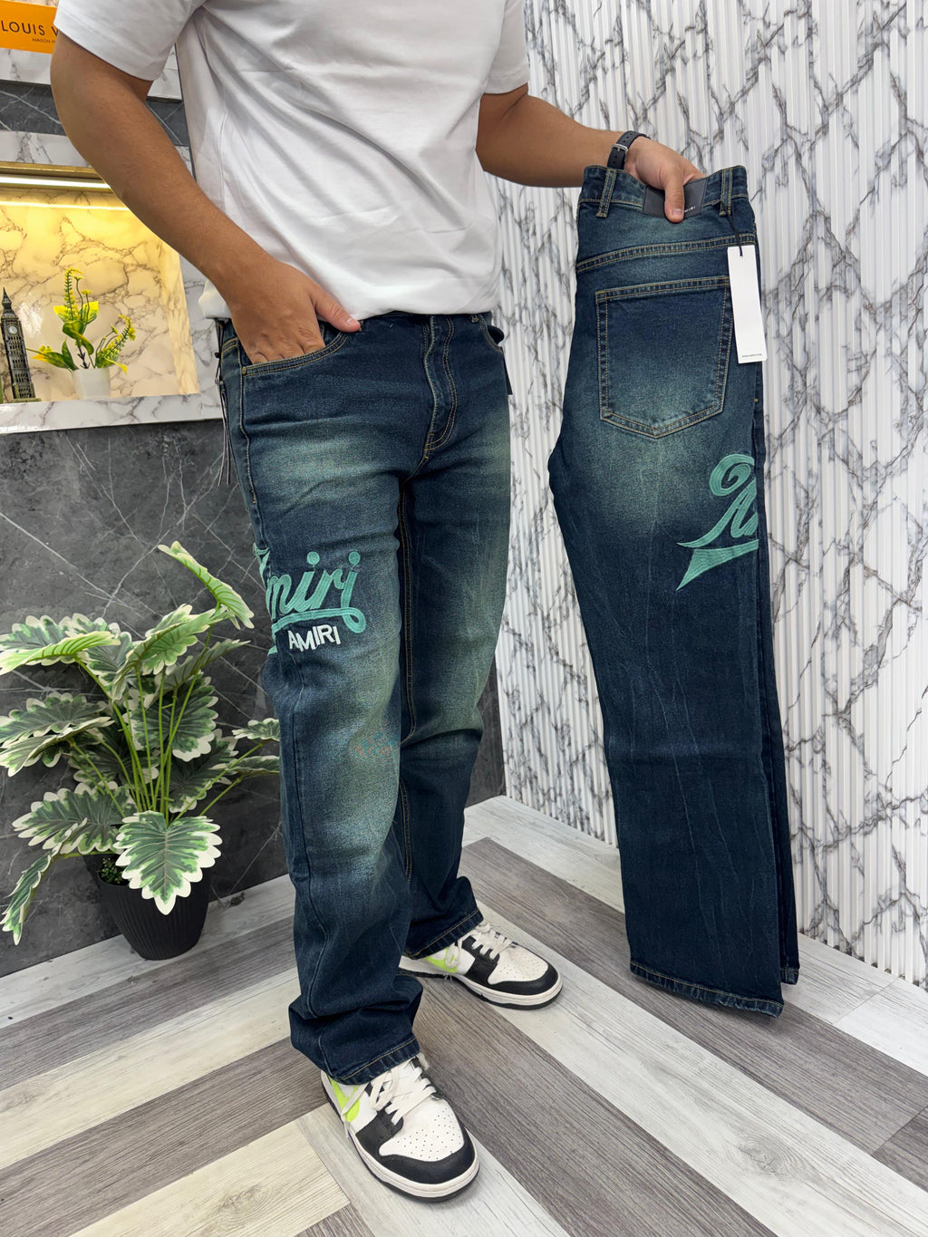Amiri Imported Fabric Side Leather Patch Heavy Denim Jeans