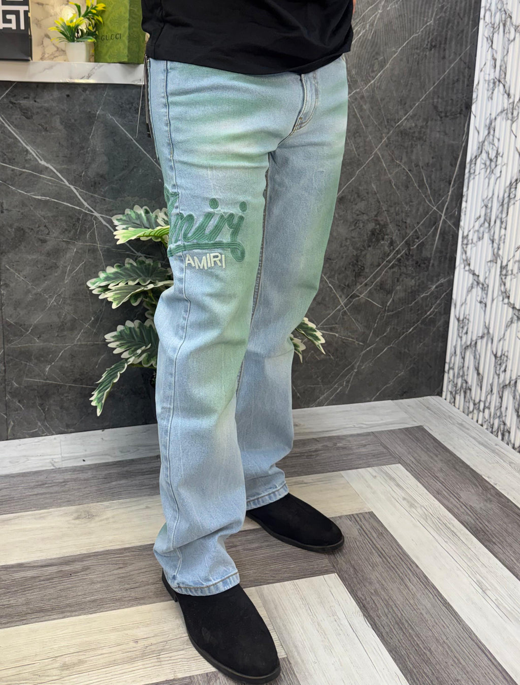 Amiri Imported Fabric Side Leather Patch Heavy Denim Jeans